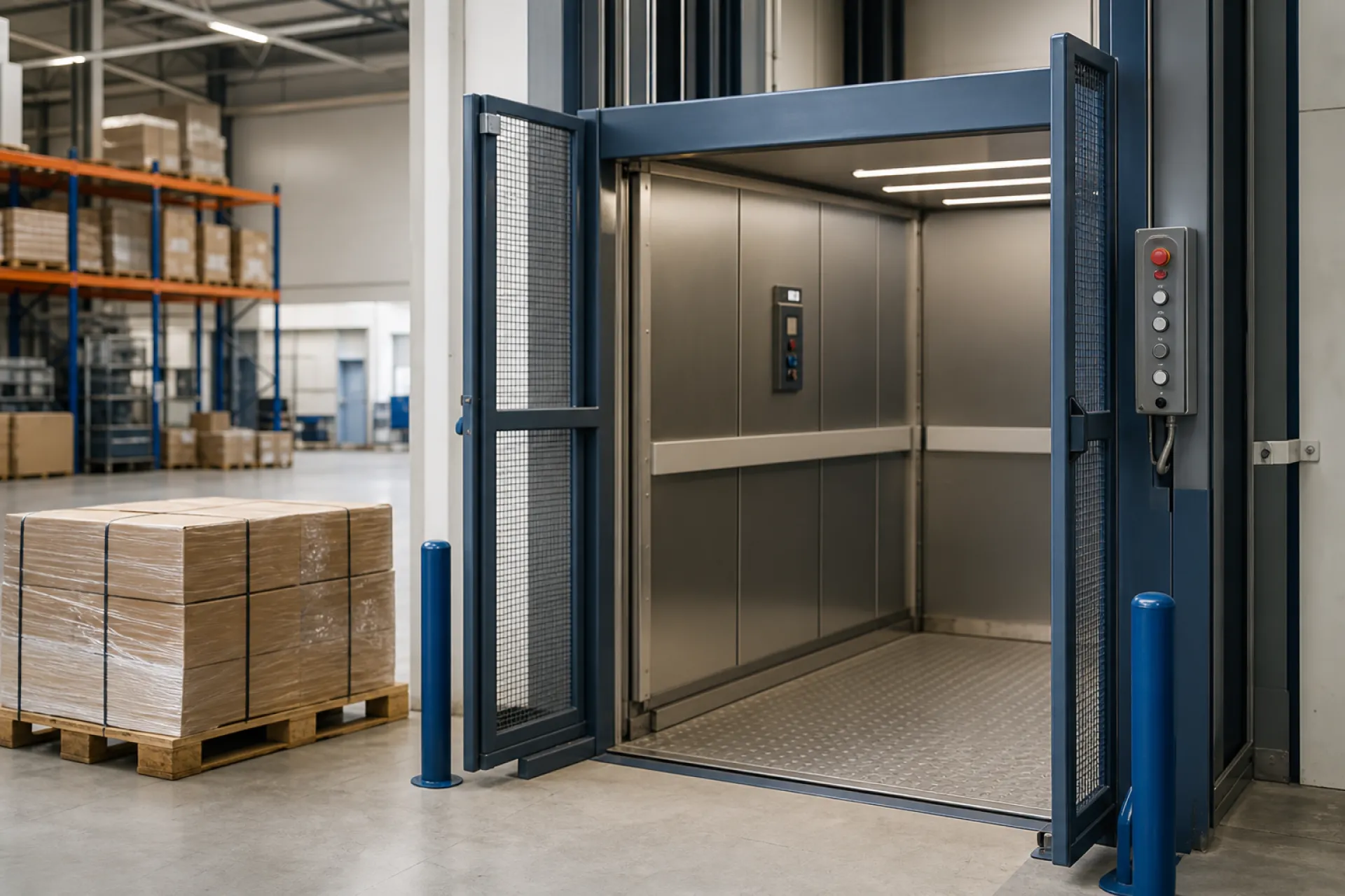 Monte-charge industriel avec plateforme en acier et portillons de sécurité dans un entrepôt