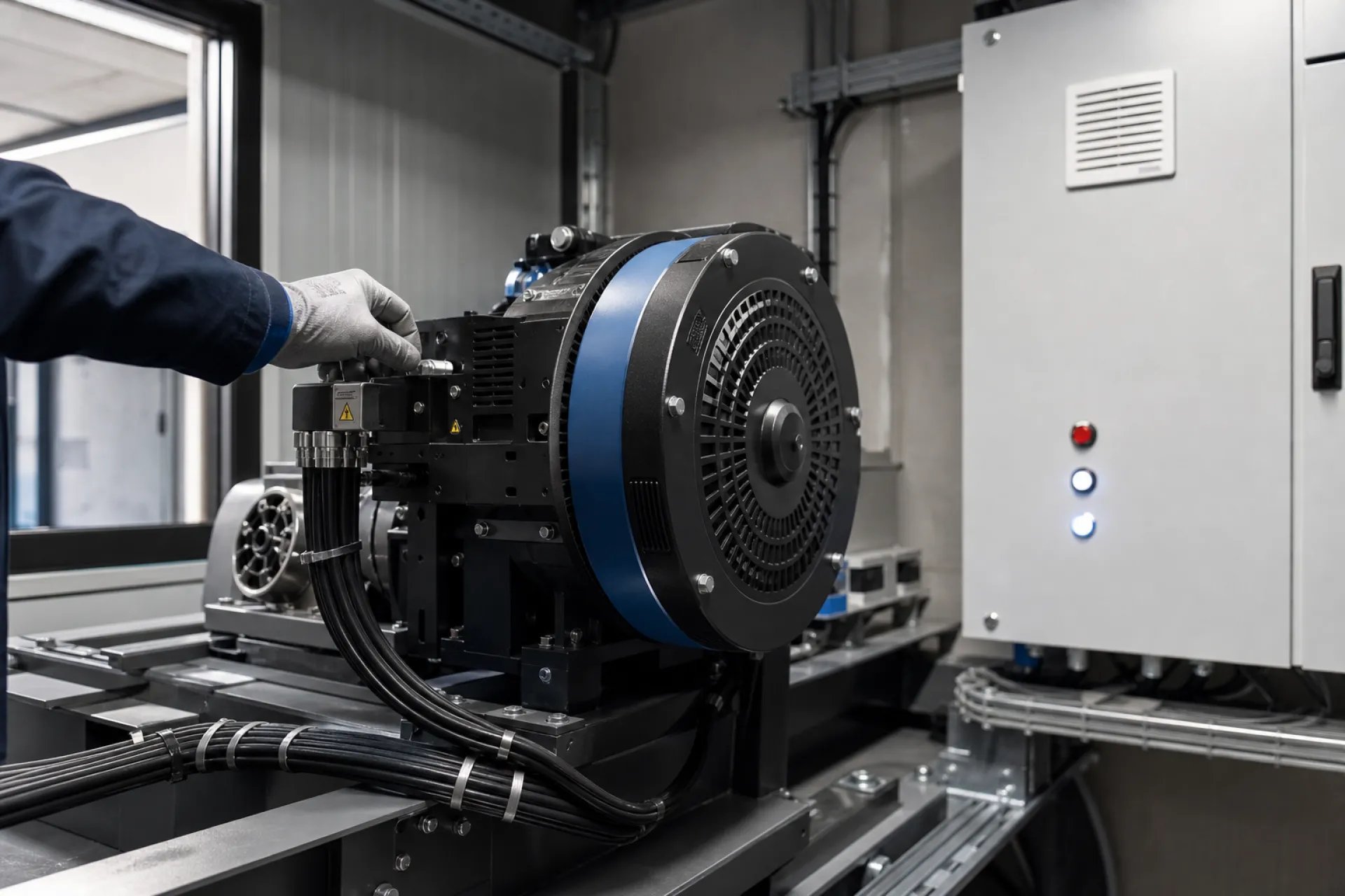 Technicien vérifiant le moteur et l'armoire de commande d'un ascenseur dans une machinerie propre et ordonnée.