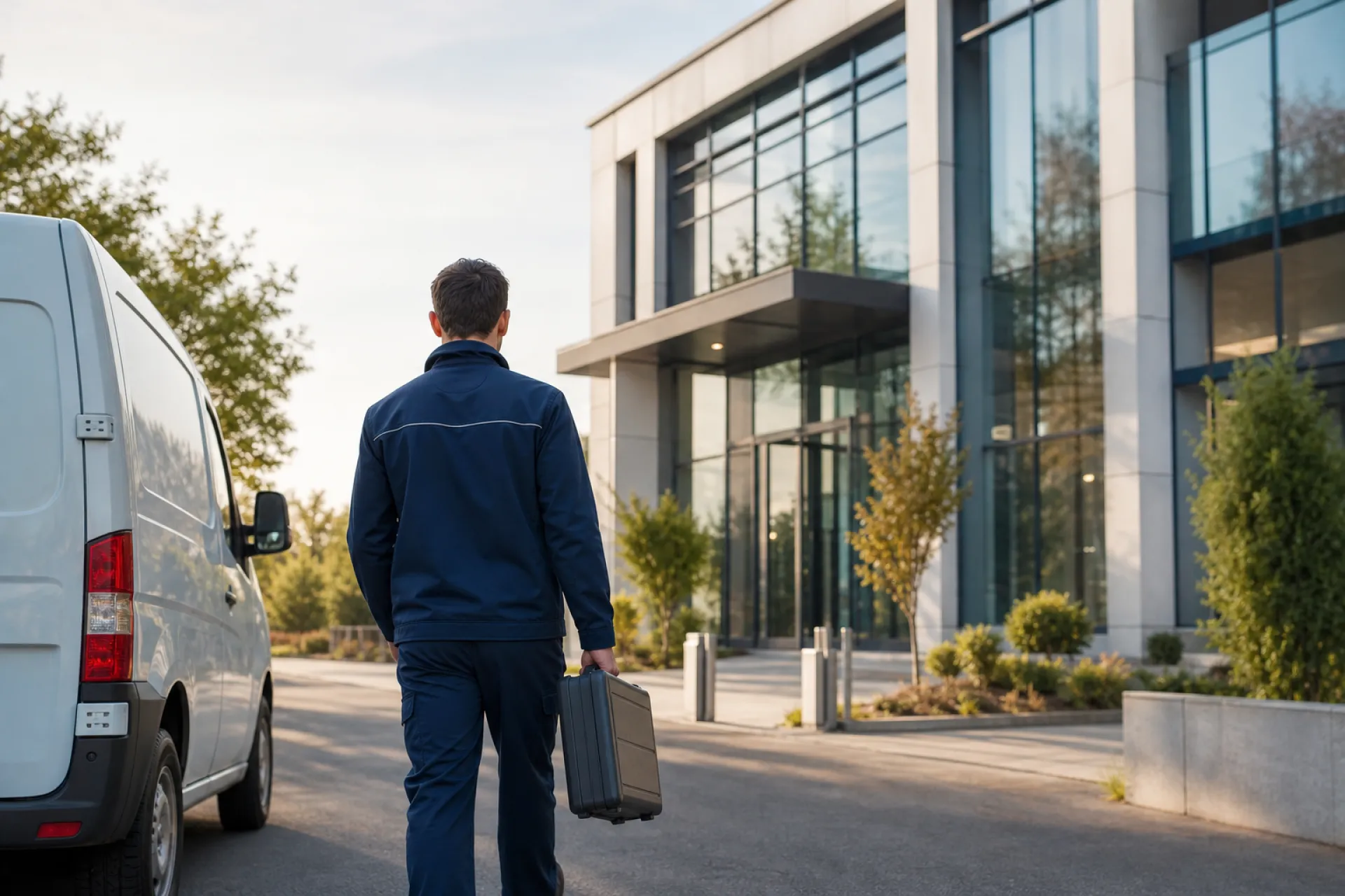 Technicien vu de dos se dirigeant vers une agence locale moderne au petit matin, caisse à outils à la main.